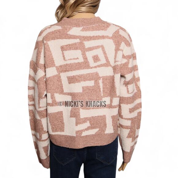 Debut Geometric Tan Cream Cropped Button Front Knit Sweater Cardigan Size M - Picture 6 of 11